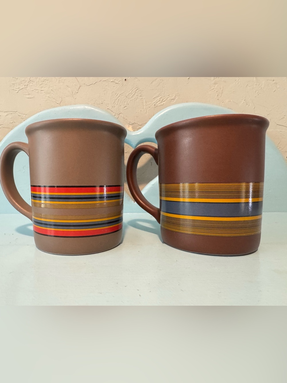 Pendleton Brown Ceramic Mugs with Red, Yellow and Blue Stripe Bands
